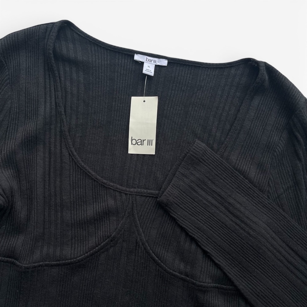 Bar III Women XL Black Ribbed Long Sleeve Bodice Scoopneck Bodysuit Classic Chic